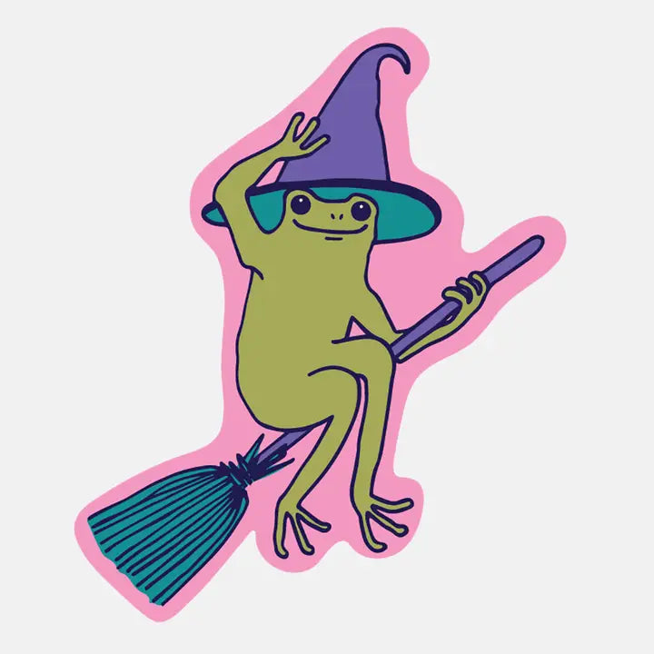 Illustration of a frog wearing a witch hat and holding a broomstick on a pink background