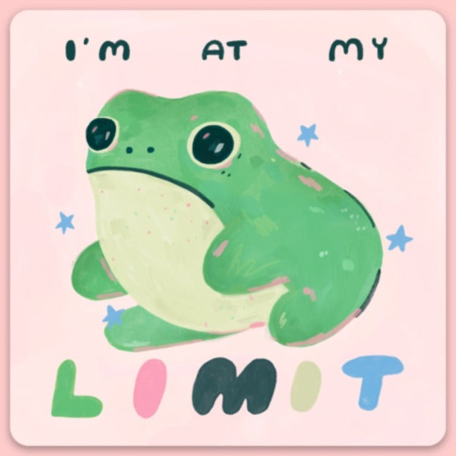 Green frog floating in a pink background with the words "I'm at my limit".