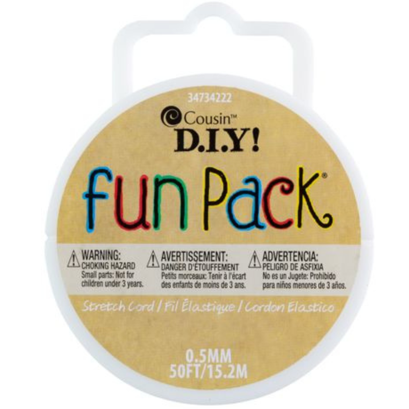 Round spool of Fun Pack Stretch Cord with brown label and white background.