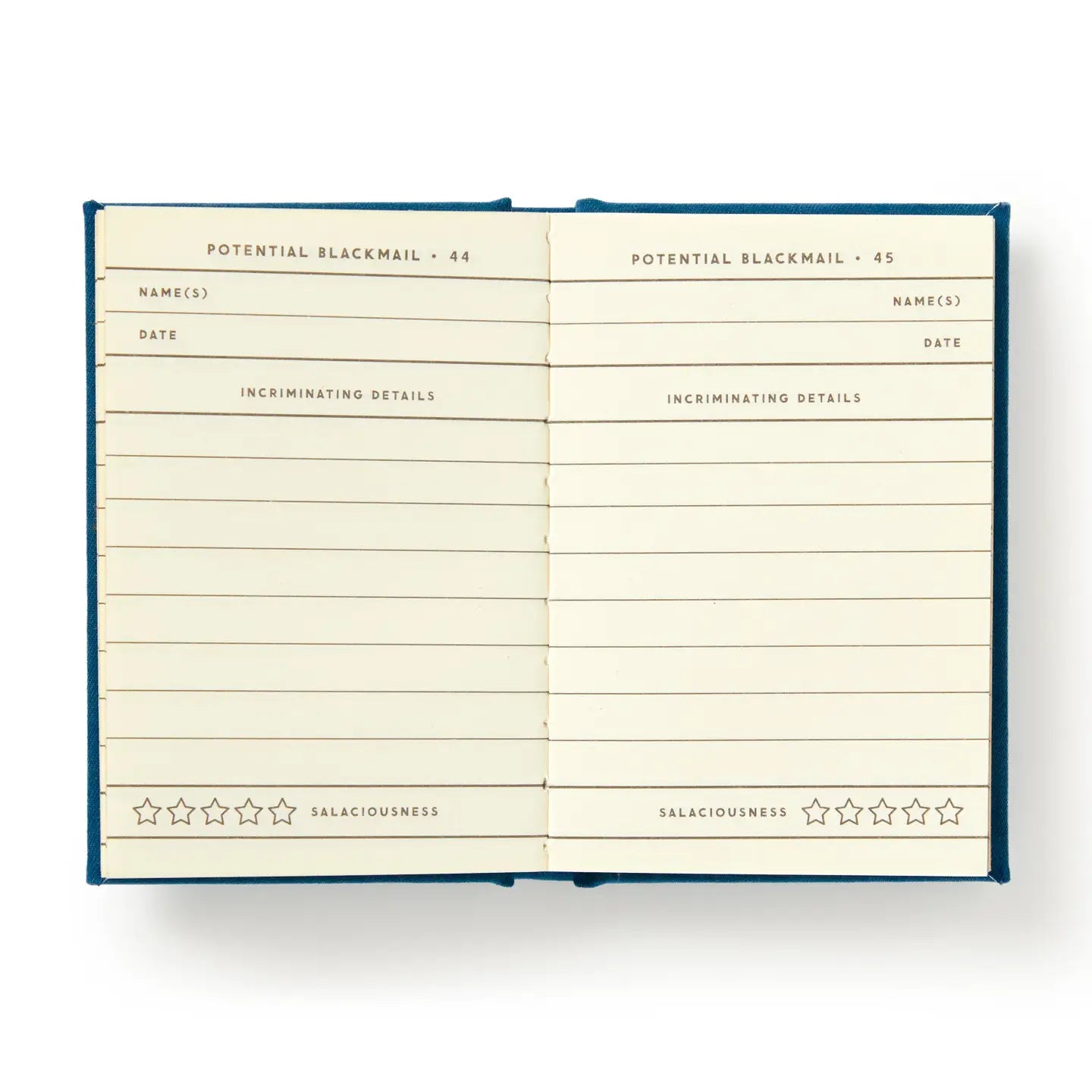 Open notebook with lined pages titled 'Potential Blackmail' on a white background
