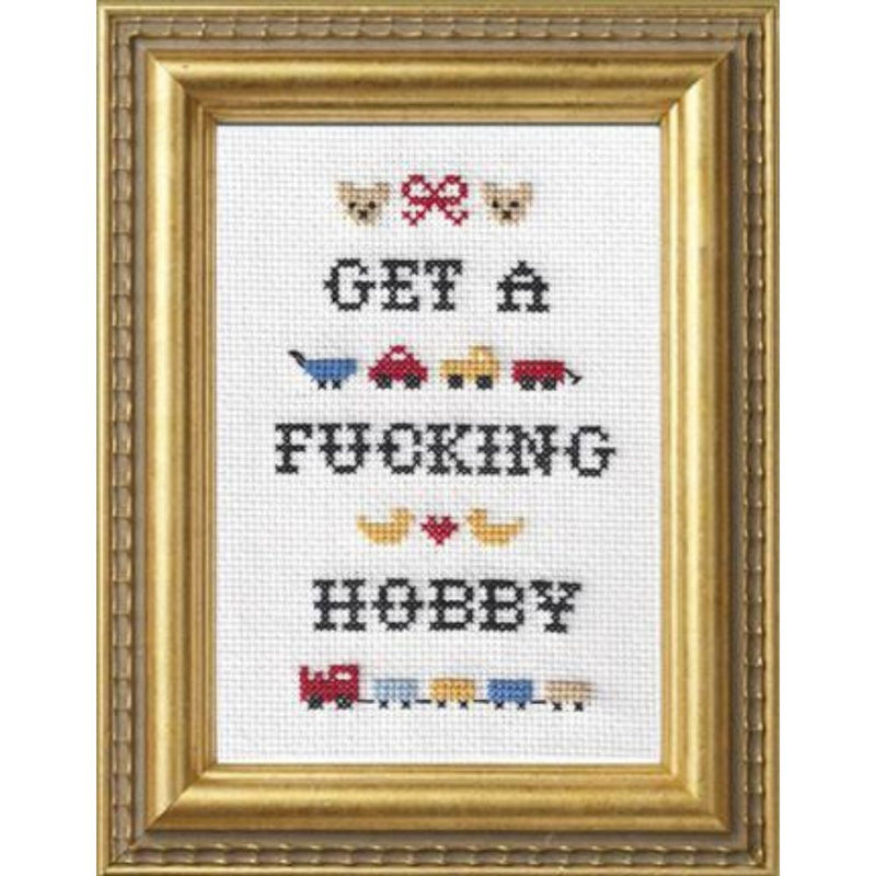 Framed cross-stitched art with text and small illustrations on a white background