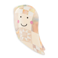 A ghost-shaped claw clip featuring a cute face with black eyes and a smile, pink cheeks, and a white quilt star on the chest, with an iridescent pastel body on a white background.