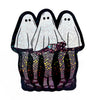 Three ghost-shaped stickers with colorful patterns on a white background