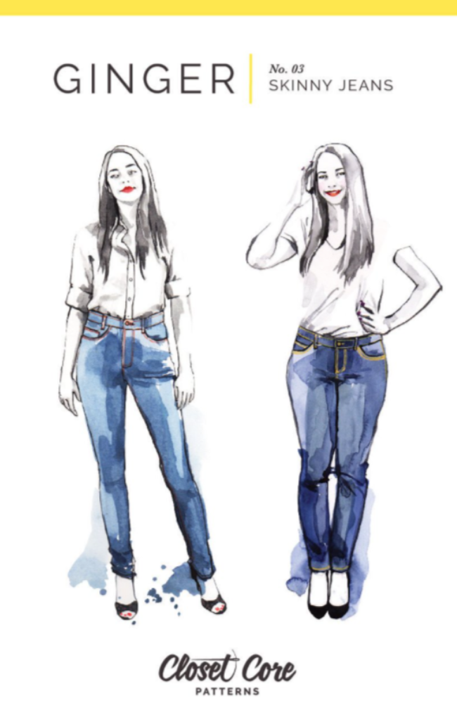 Illustration of two women wearing skinny jeans on a white background with Closet Core Patterns branding and text.