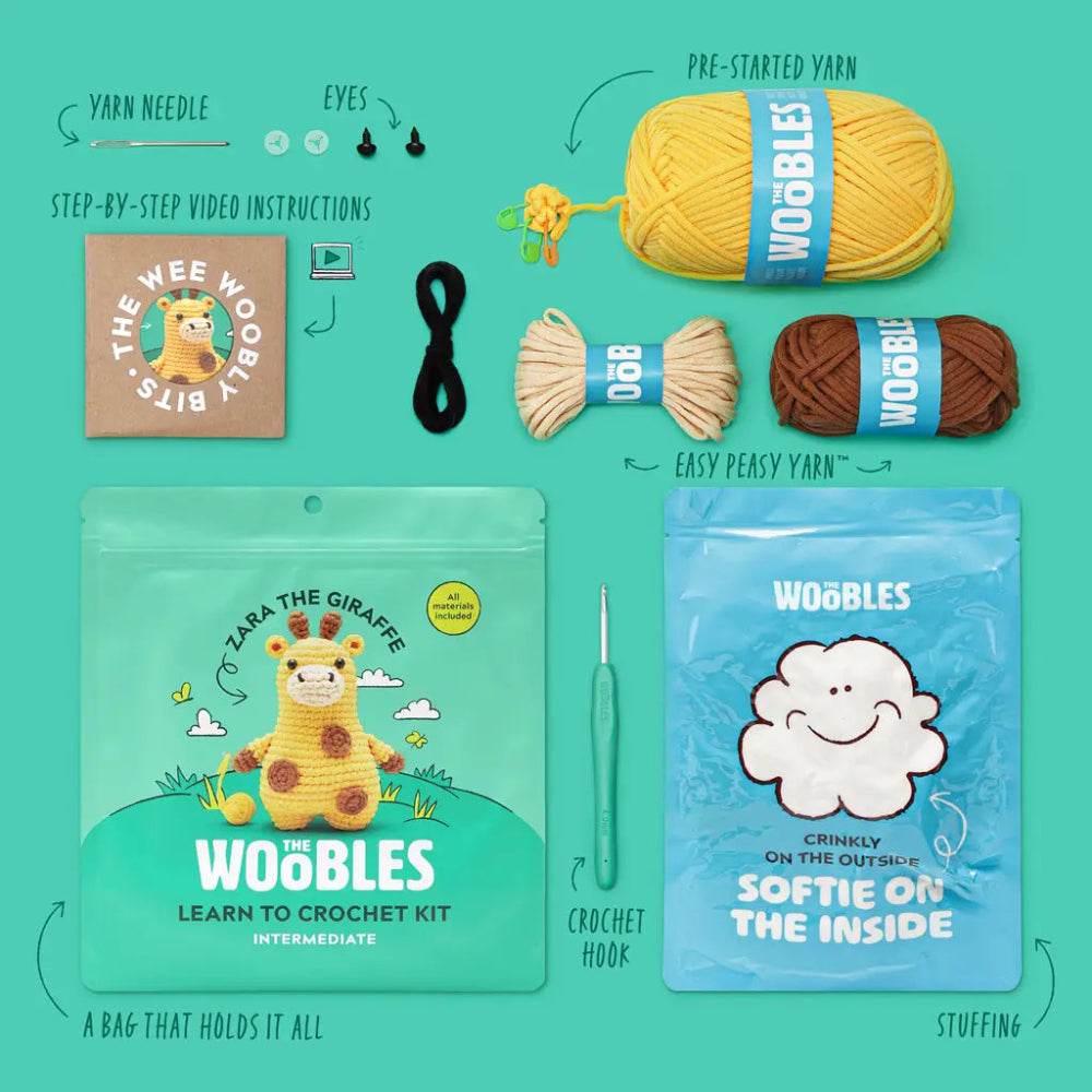 Woobles learn to crochet kit with yarn, hook, and packaging on a teal background
