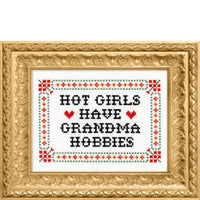 Cross-stitched text 'Hot girls have grandma hobbies' in a decorative gold frame.