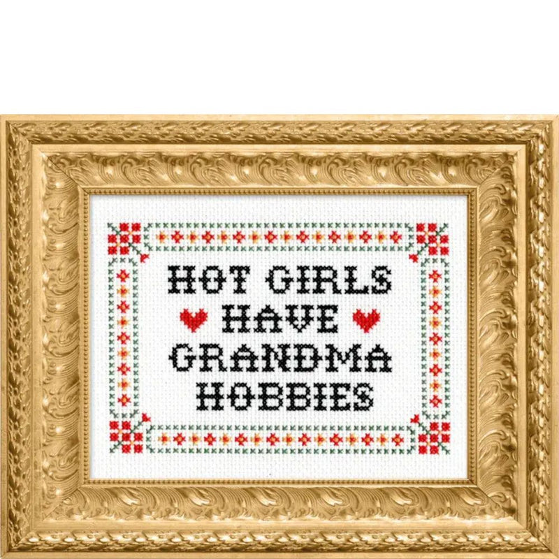 Cross-stitched text 'Hot girls have grandma hobbies' in a decorative gold frame.