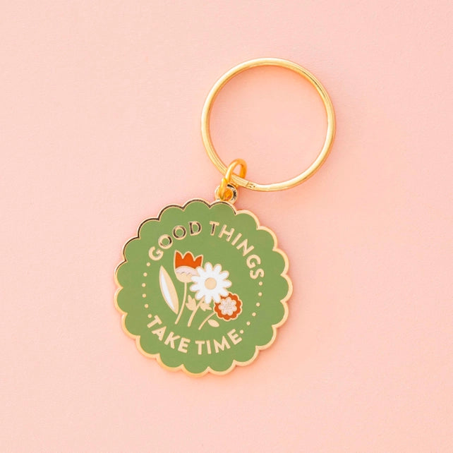 Good things take time small round keychain