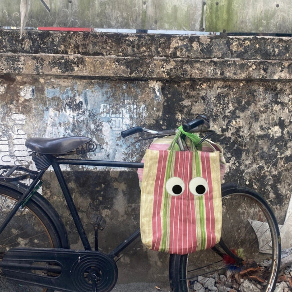 Bicycle with a striped bag featuring googly eyes attached to its rear, against a textured wall.
