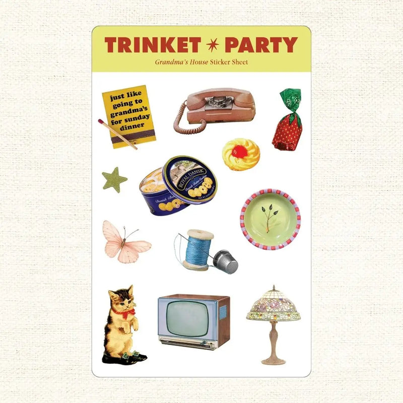 Sticker sheet titled "Trinket Party" with various retro images on a beige background.
