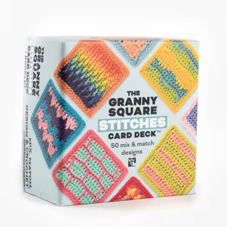 White box labeled "The Granny Square Stitches Card Deck" with images of colorful granny squares in different stitch patterns on a white background.