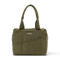 Green tote bag with 'Soolia' branding on a white background