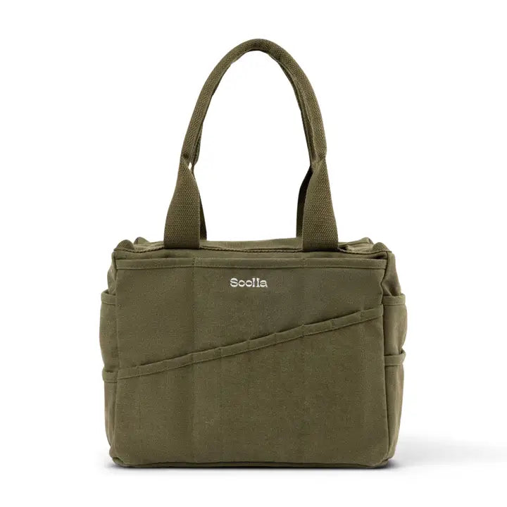 Green tote bag with 'Soolia' branding on a white background