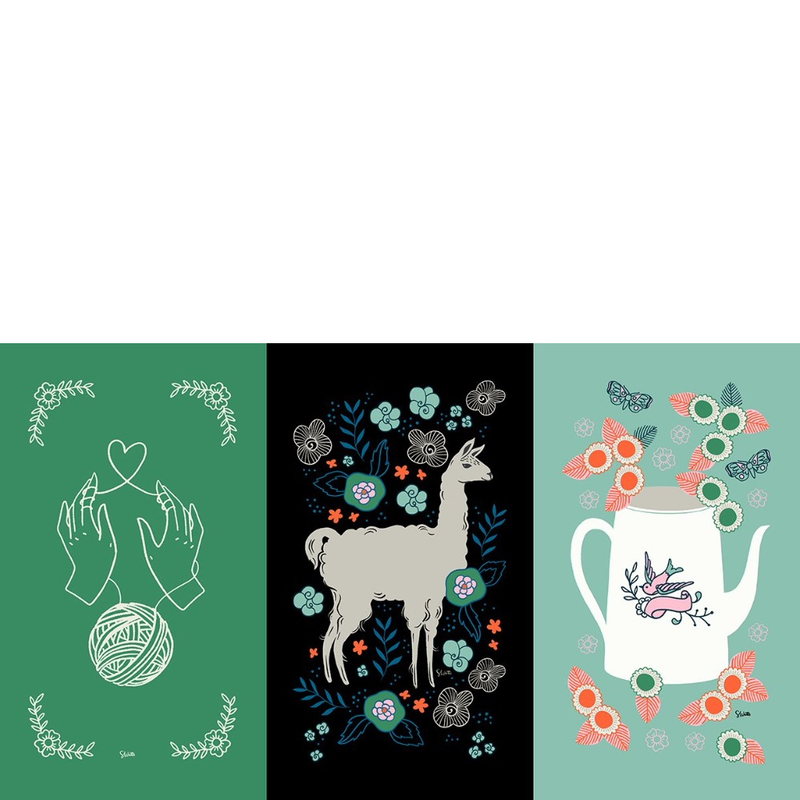 Three vertical art panels with illustrated designs: a green panel with hands, yarn, and floral wreaths; a black panel with a gray llama surrounded by flowers and leaves; a mint panel with a white teapot, flowers, and butterflies.
