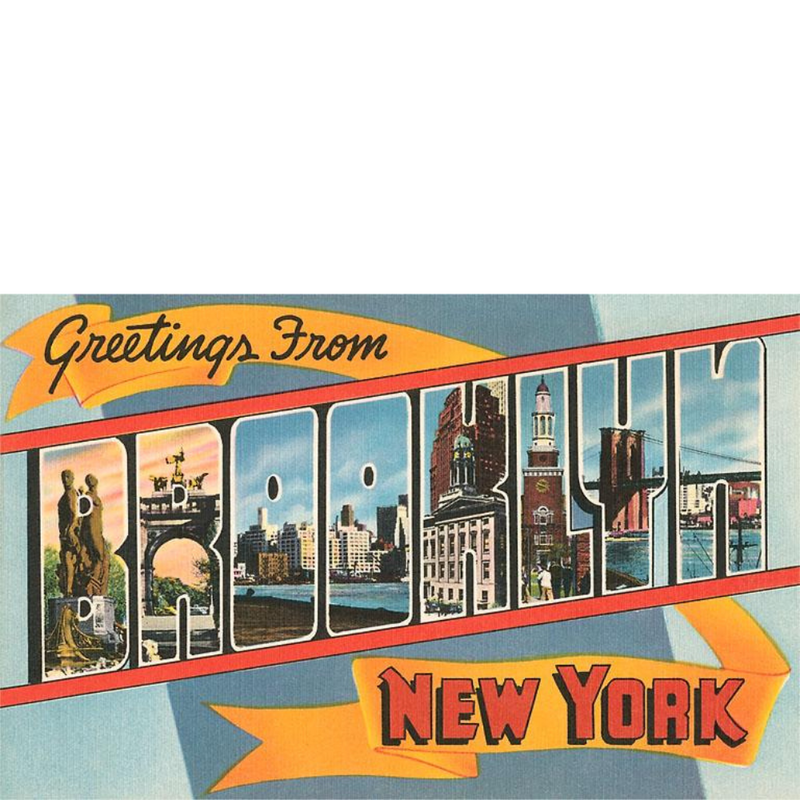 Vintage text reading 'Greetings from Brooklyn New York' and each letter of Brooklyn has illustrations of famous landmarks fro Brooklyn