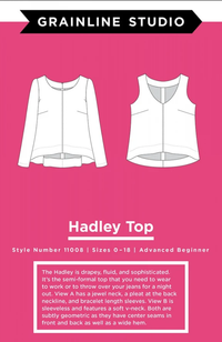 Illustration of two different tops, one tank top and one long sleeved, on a bright pink background with Grainline Studio branding at the top and text about the pattern at the bottom.