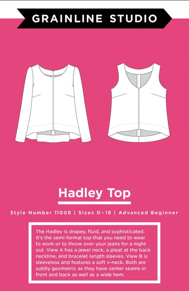 Illustration of two different tops, one tank top and one long sleeved, on a bright pink background with Grainline Studio branding at the top and text about the pattern at the bottom.