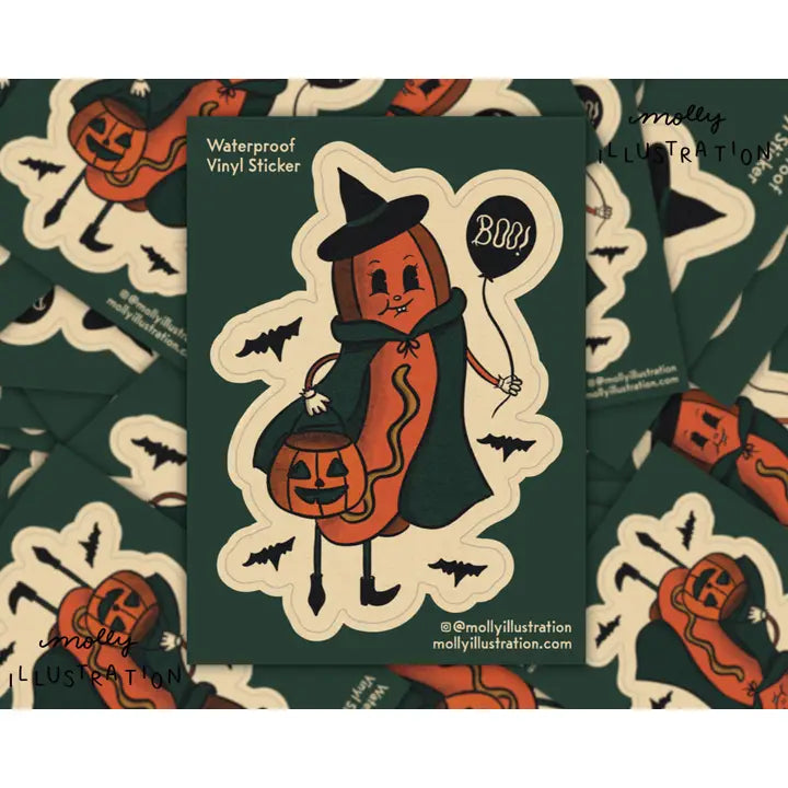 Halloween-themed sticker with a hot dog character holding a pumpkin and 'BOO!' sign, surrounded by more stickers.