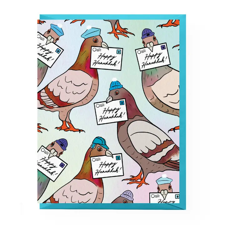 Card with cartoon pigeons wearing hats and holding 'Happy Hanukkah!' cards on a light blue background.
