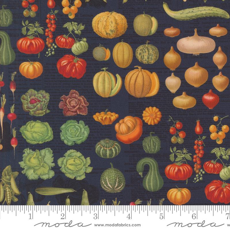 Indigo fabric with assorted vegetables