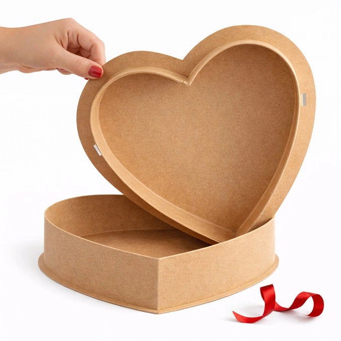 Heart-shaped cardboard box with a hand opening it on a white background