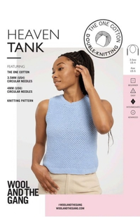 Model with braids in cream pants and textured knit tank top on a white and pink background with Wool and the Gang branding and text.