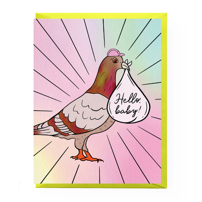 Colorful greeting card featuring a cartoon pigeon holding a white sack that has the words "Hello, baby!" on it.