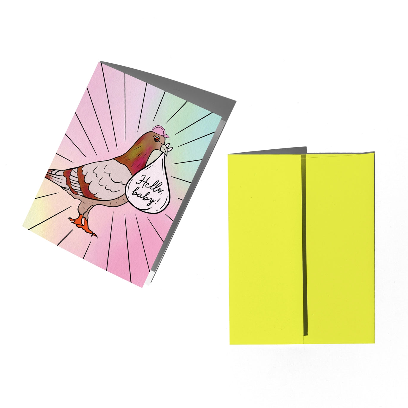 A folded greeting card and its matching envelope on a white background. The card features an illustration of a pigeon holding a bag that says 'Hello baby' against a colorful sunburst design, while the envelope is a solid bright yellow-green.