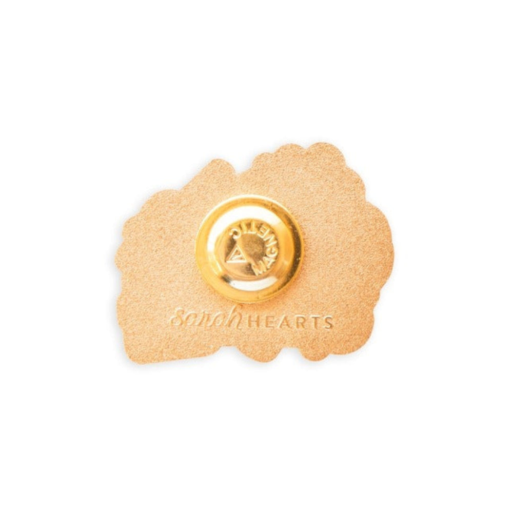 Gold brooch with 'Sarah Hearts' branding on a white background