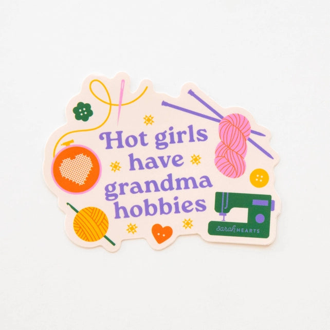 Hot girls have grandma hobbies sticker with yarn, sewing machine and other crafty objects