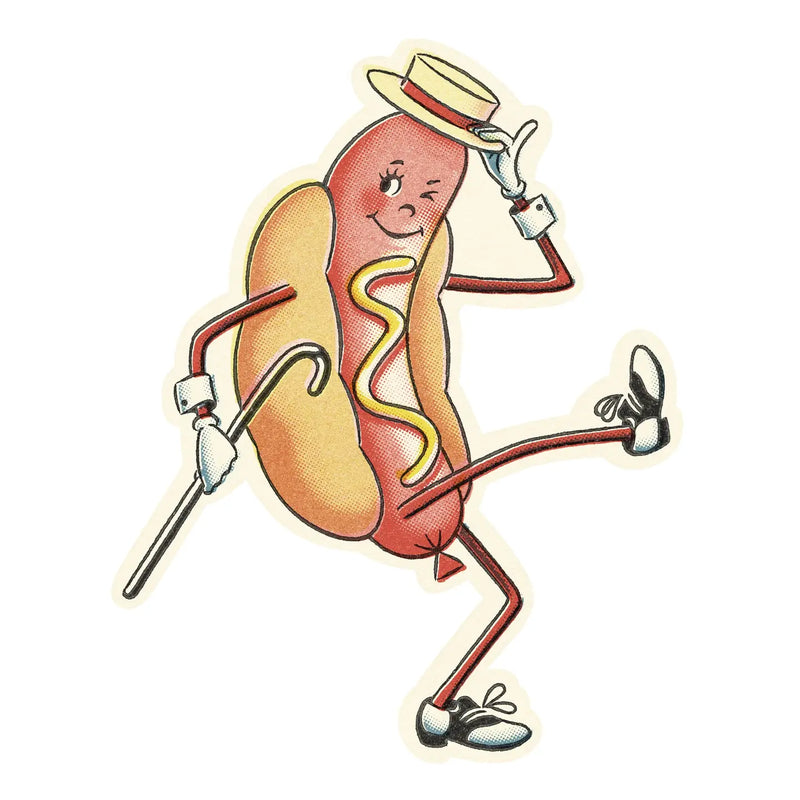 Sticker in the shape of a dancing hot dog wearing a hat, shoes, and gloves and holding a cane.