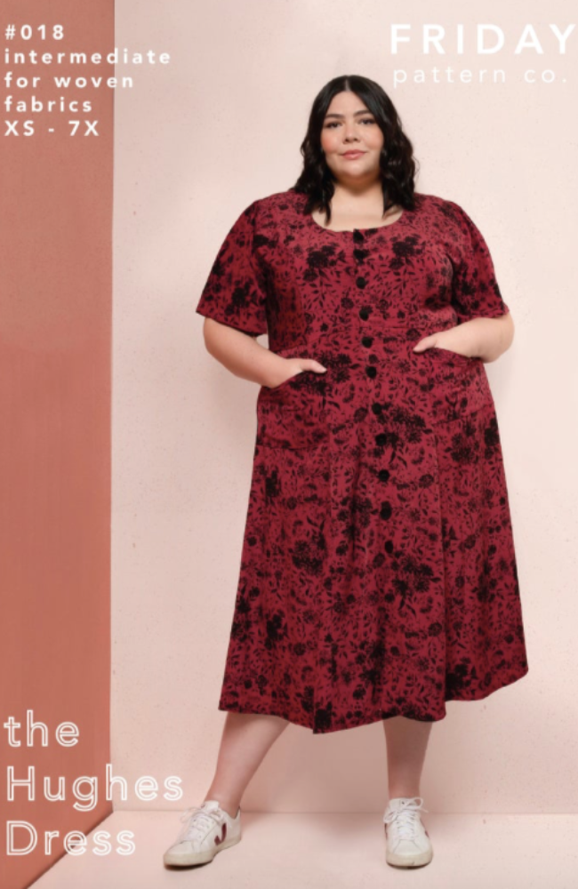 Plus size model in a red and black print midi dress with buttons down the middle on a pink and dark pink background with Friday Pattern Co. branding and text.