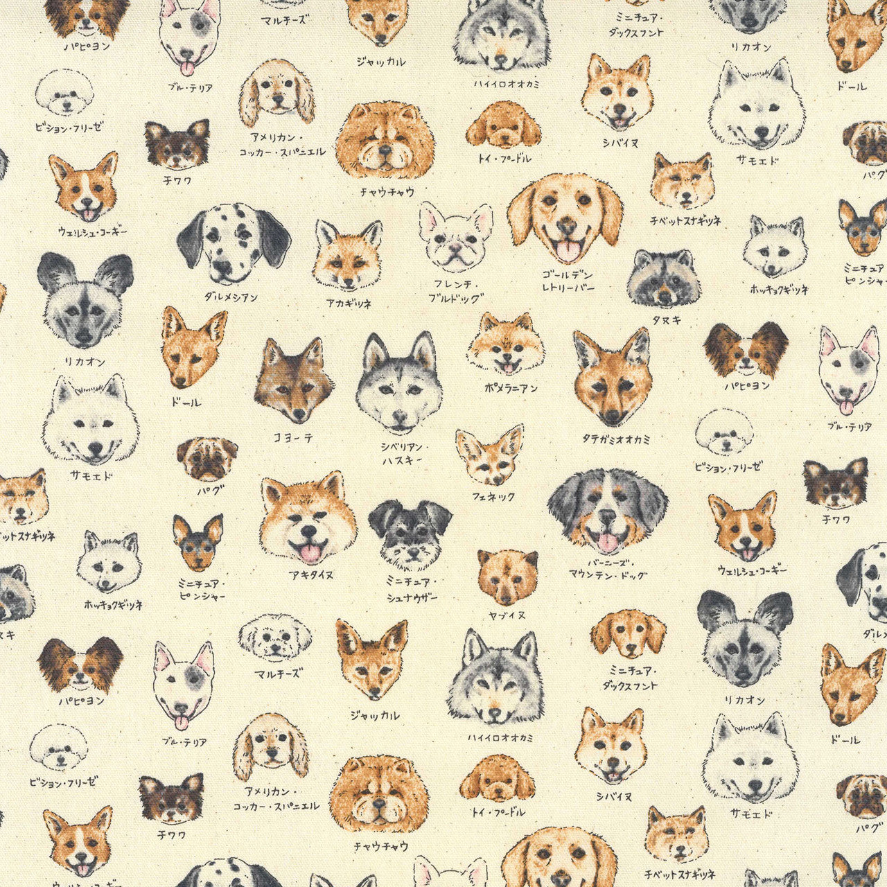 Patterned fabric featuring various dog breeds with names on a beige background