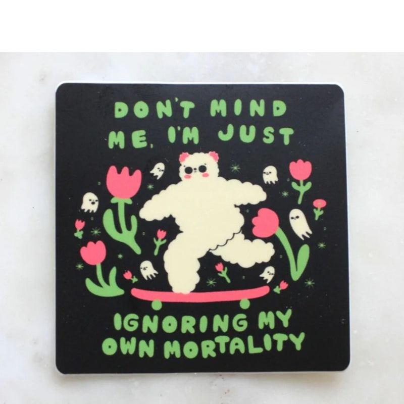 Black square with a white bear on a pink skateboard, surrounded by flowers and text on a white background