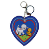 Blue embroidered heart with lamb and duckling design, attached to a silver key ring.