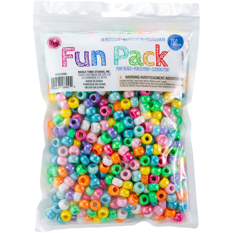 A clear plastic bag filled with multicolored round craft beads, labeled 'Fun Pack'. The beads come in many bright colors including pink, blue, green, yellow, orange, and purple.
