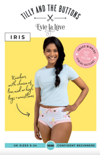 Model wearing a baby blue t-shirt and high waisted printed underwear on a yellow and white background with Tilly and the Buttons branding and text.