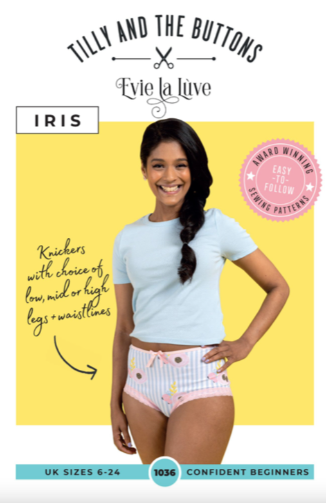 Model wearing a baby blue t-shirt and high waisted printed underwear on a yellow and white background with Tilly and the Buttons branding and text.