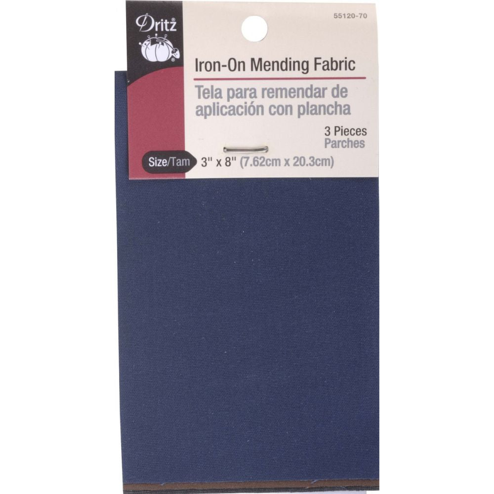 Dritz iron-on mending fabric package with blue fabric and white label on a white background