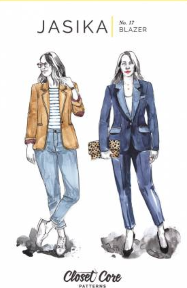 Two watercolors of models wearing the Jasika blazer on a white background with Closet Core branding.