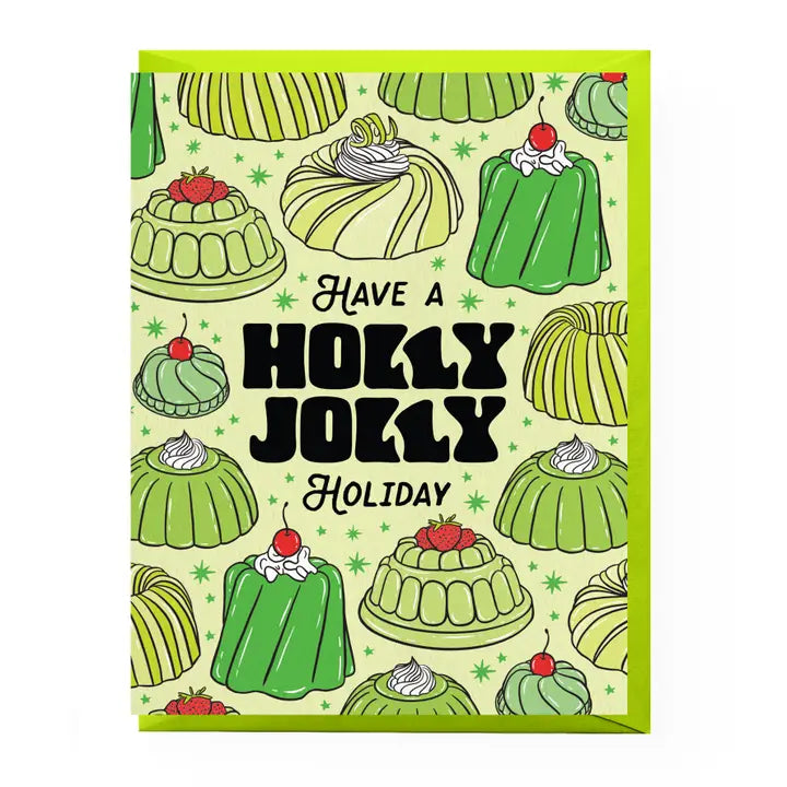 Greeting card with green jelly-like desserts and 'Holly Jolly' text on a white background