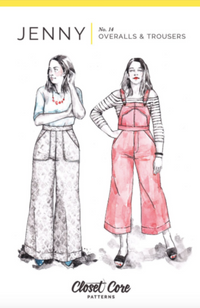 Two illustrations of models wearing the Jenny pants and overalls on a white background with Closet Core Patterns branding and text.