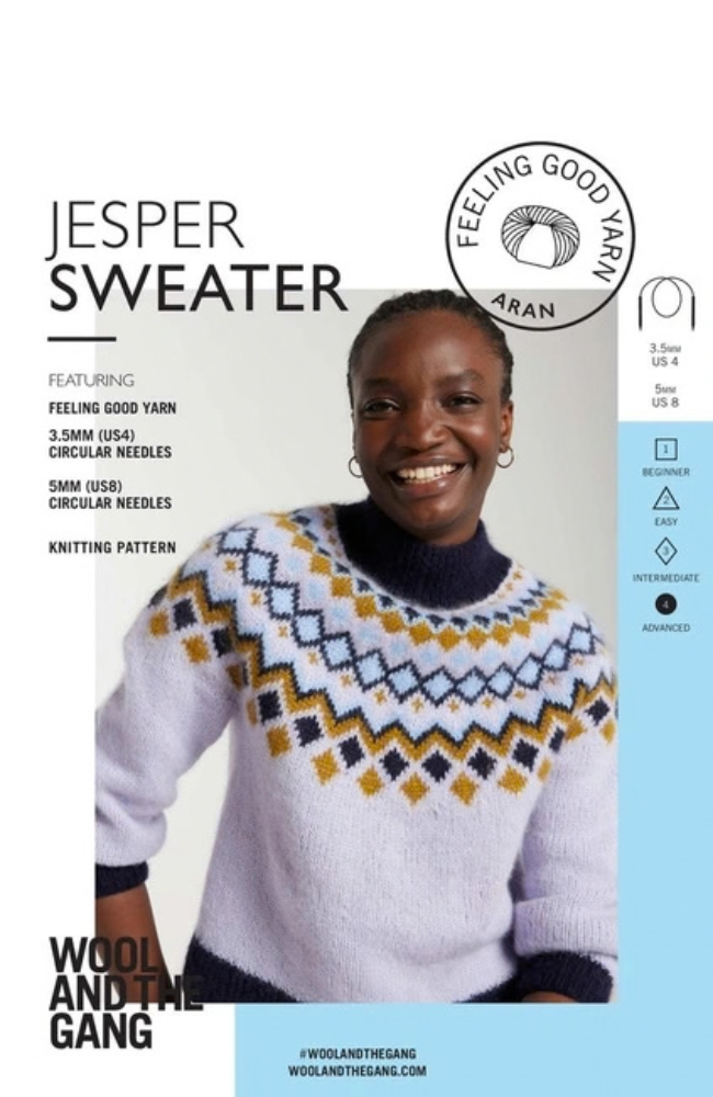Model with blue, purple, green, and navy colorwork knit sweater with Wool & the Gang branding and text.