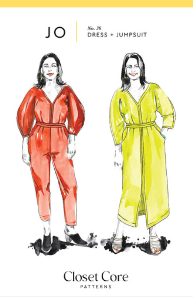 Two watercolors of women modeling a green dress and a red jumpsuit on a white background with Closet Core branding.