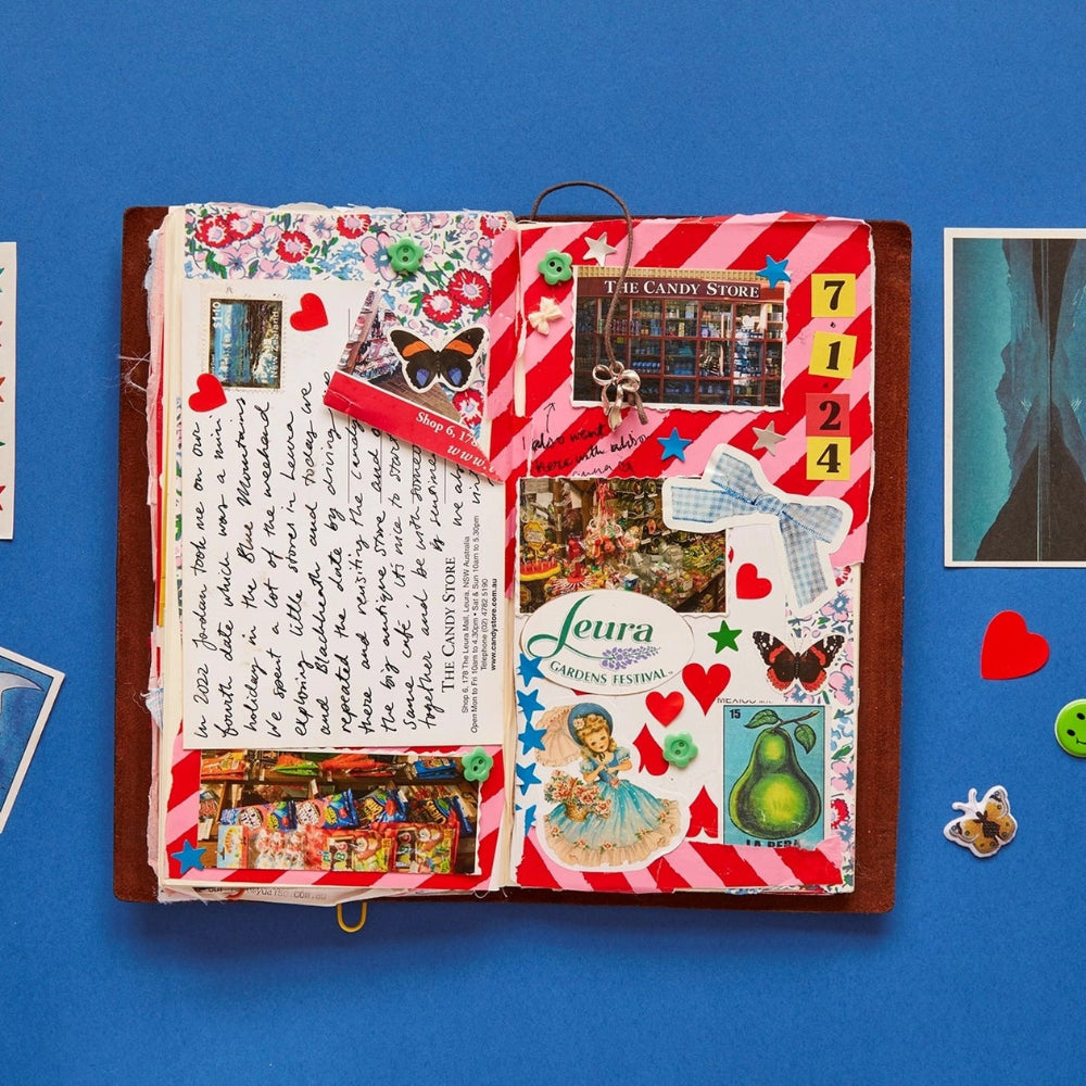 A junk journal spread with various colorful stickers and pictures on a blue background