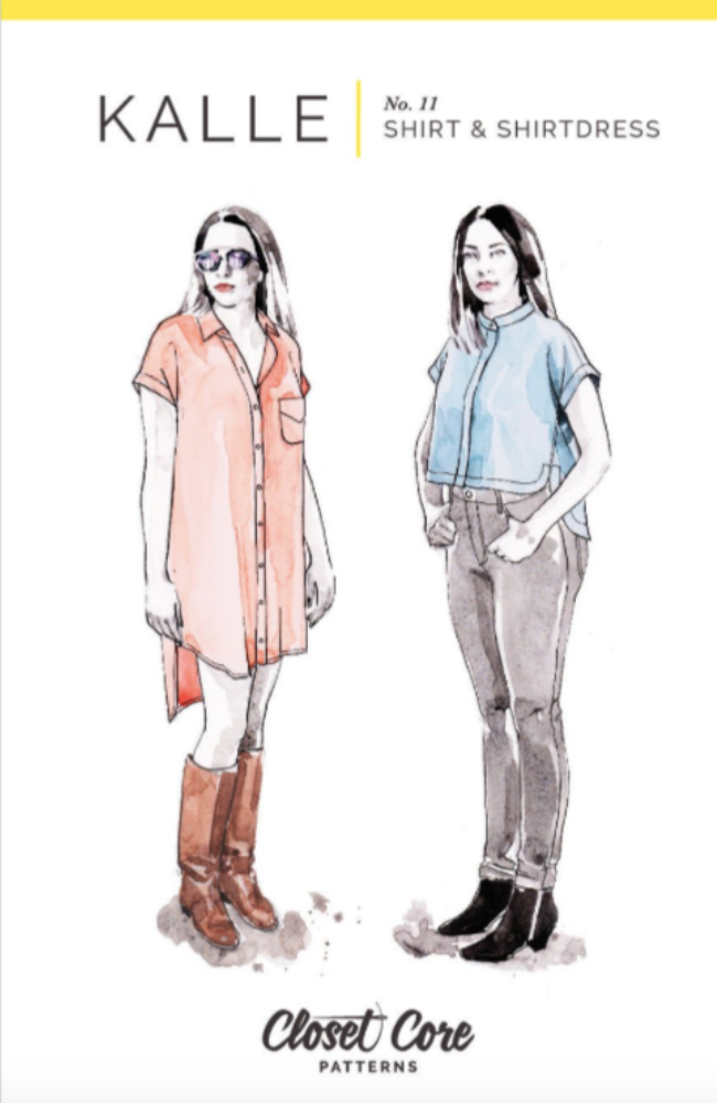 Illustration of two woman in the Kalle shirt and shirtdress with a white background and Closet Core branding.