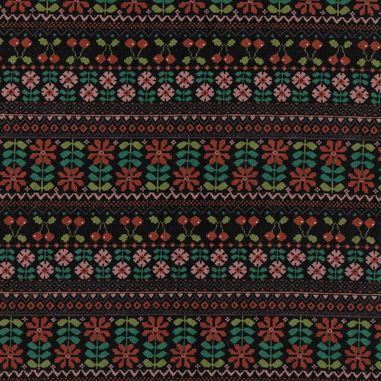 Patterned fabric with floral and geometric design on a black background