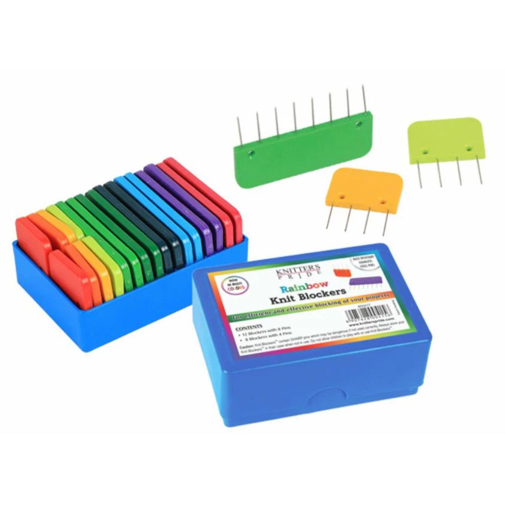 Set of colorful knit blockers in a blue box on a white background