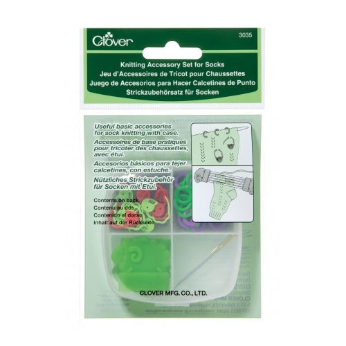 Knitting accessory set for socks in packaging with Clover branding