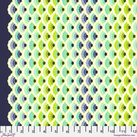 Patterned fabric swatch with geometric design in green, blue, and purple on a navy background.